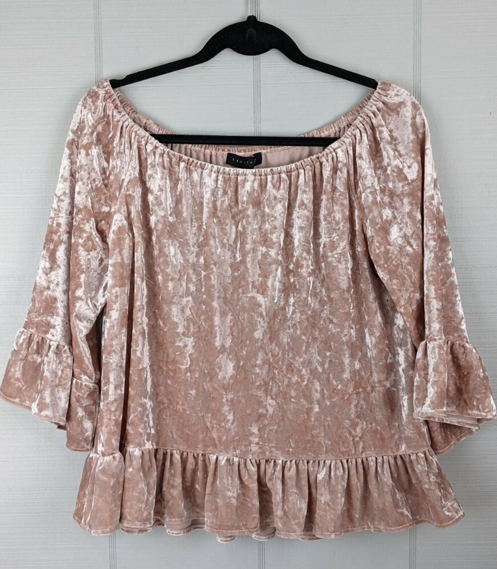 Sanctuary Off Shoulder Taupe Crushed Velvet Ruffle Bell Sleeve Stretch Top Med